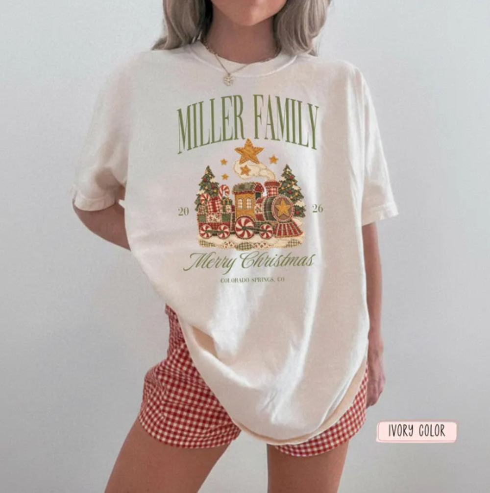 Personalized Family Christmas Shirt, Faux Patchwork Train Tee, Matching Holiday